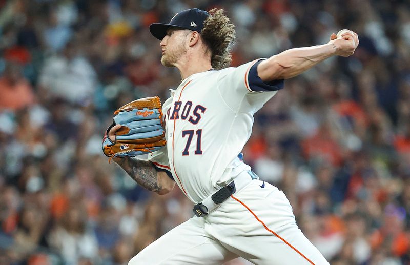 Jun 22, 2024; Houston, Texas, USA; Houston Astros relief pitcher Josh Hader (71) delivers a pitch during the ninth inning against the Baltimore Orioles at Minute Maid Park. Mandatory Credit: Troy Taormina-USA TODAY Sports