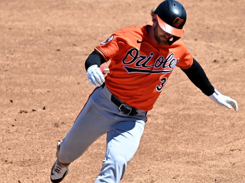 Mar 19, 2026; Tampa, Florida, USA; Baltimore Orioles left fielder Taylor Ward (3) rounds third base on his way to scoring a run in the third inning against the New York Yankees during spring training at George M. Steinbrenner Field. Mandatory Credit: Jonathan Dyer-Imagn Images