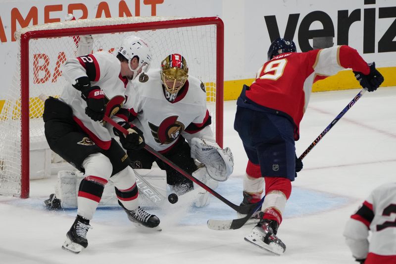 Feb 20, 2024; Sunrise, Florida, USA; Ottawa Senators goaltender Joonas Korpisalo (70) makes a save on a shot by Florida Panthers left wing Matthew Tkachuk (19) during the third period at Amerant Bank Arena. Mandatory Credit: Jim Rassol-USA TODAY Sports