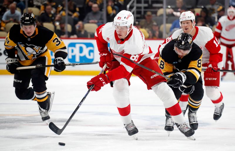 Oct 1, 2024; Pittsburgh, Pennsylvania, USA;  Detroit Red Wings left wing Elmer Soderblom (85) skates up ice with the puck ahead of Pittsburgh Penguins left wing Michael Bunting (8) during the second period at PPG Paints Arena. Mandatory Credit: Charles LeClaire-Imagn Images