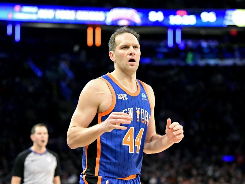 NEW YORK, NEW YORK - FEBRUARY 10:  Bojan Bogdanovic #44 of the New York Knicks reacts during the second half against the Indiana Pacers at Madison Square Garden on February 10, 2024 in New York City. NOTE TO USER: User expressly acknowledges and agrees that, by downloading and or using this photograph, User is consenting to the terms and conditions of the Getty Images License Agreement. (Photo by Steven Ryan/Getty Images)