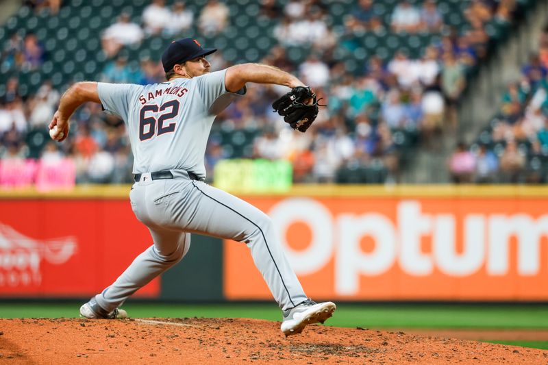 Aug 8, 2024; Seattle, Washington, USA; Detroit Tigers relief pitcher Bryan Sammons (62) throws against the Seattle Mariners during the sixth inning at T-Mobile Park. Mandatory Credit: Joe Nicholson-USA TODAY Sports