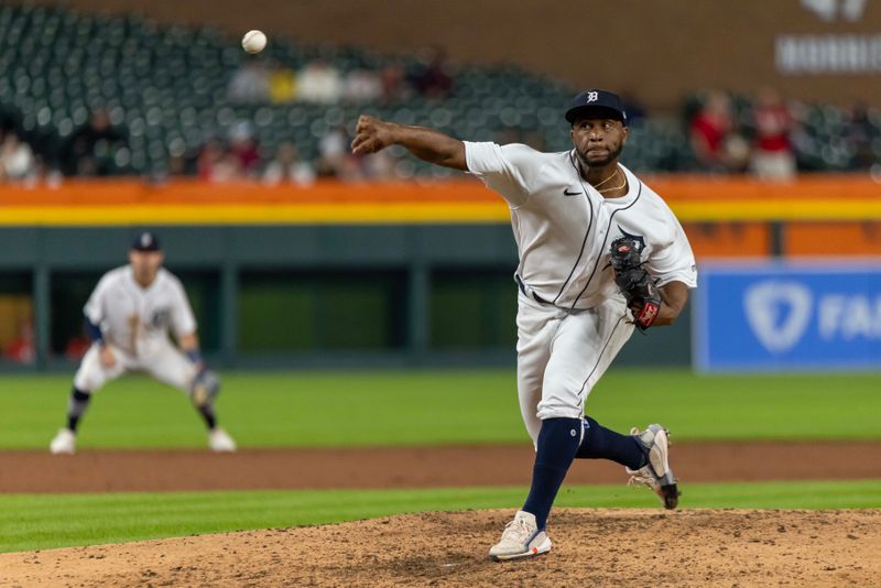 Sep 13, 2023; Detroit, Michigan, USA; Detroit Tigers relief pitcher Miguel Diaz (58) throws in the sixth inning against the Cincinnati Reds at Comerica Park. Mandatory Credit: David Reginek-USA TODAY Sports