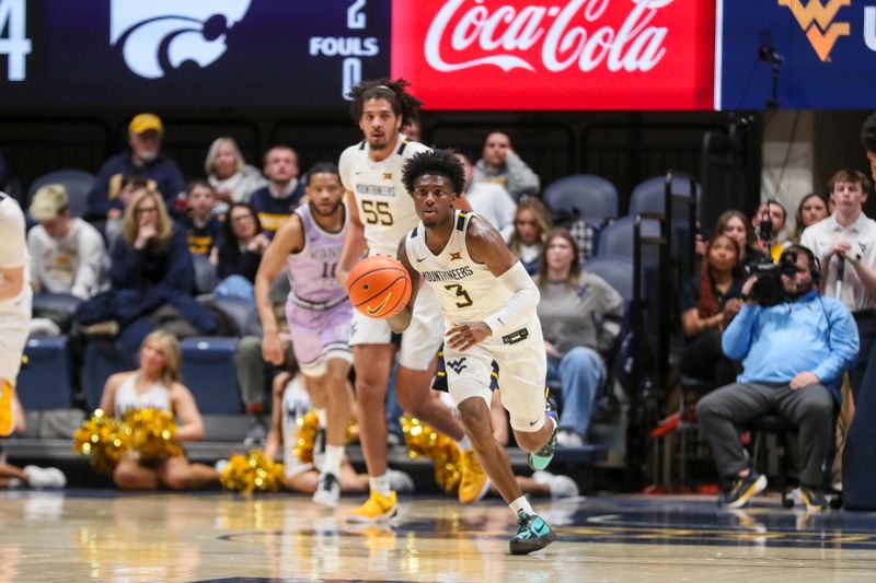Jan 27, 2026; Morgantown, West Virginia, USA; West Virginia Mountaineers guard Honor Huff (3) dribbles up the floor during the second half against the Kansas State Wildcats at Hope Coliseum. Mandatory Credit: Ben Queen-Imagn Imagesa