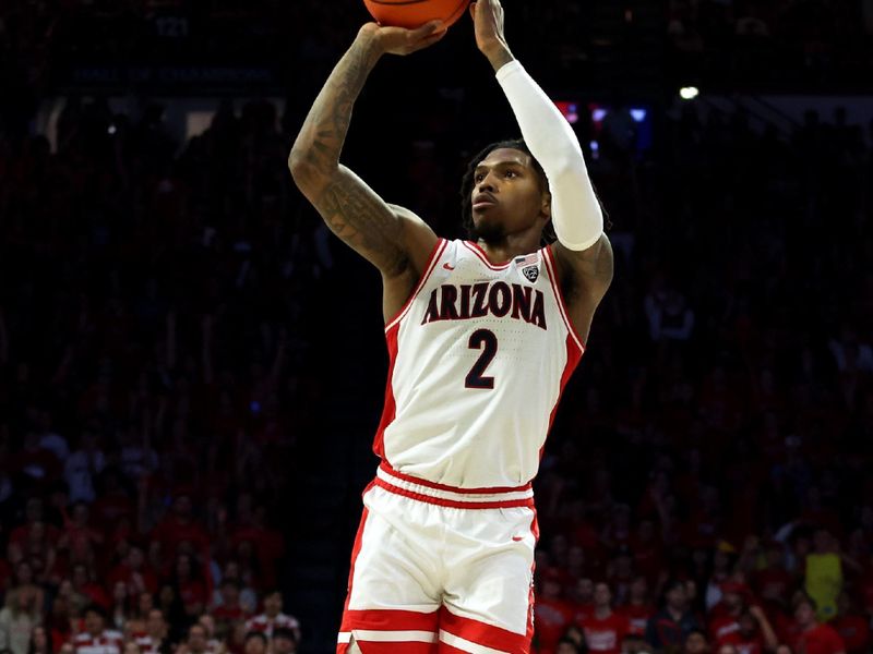 Feb 17, 2024; Tucson, Arizona, USA; Arizona Wildcats guard Caleb Love (2) shoots a basket against the Arizona State Sun Devils during the second half at McKale Center. Mandatory Credit: Zachary BonDurant-USA TODAY Sports