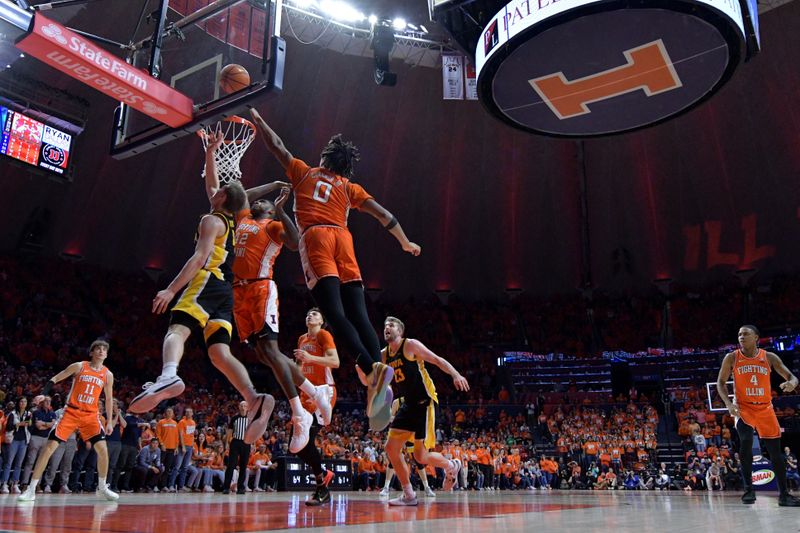 Feb 24, 2024; Champaign, Illinois, USA;  The Illinois Fighting Illini and the Iowa Hawkeyes rush the basket during the second half at State Farm Center. Mandatory Credit: Ron Johnson-USA TODAY Sports