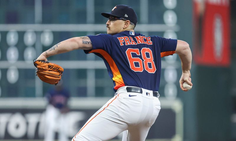 Sep 10, 2023; Houston, Texas, USA; Houston Astros starting pitcher J.P. France (68) pitches during the game against the San Diego Padres at Minute Maid Park. Mandatory Credit: Troy Taormina-USA TODAY Sports