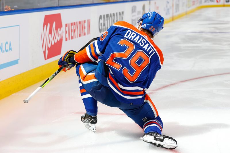 Apr 22, 2024; Edmonton, Alberta, CAN; Edmonton Oilers forward Leon Draisaitl (29) celebrates after scoring a goal during the third period against the Los Angeles Kings in game one of the first round of the 2024 Stanley Cup Playoffs at Rogers Place. Mandatory Credit: Perry Nelson-USA TODAY Sports