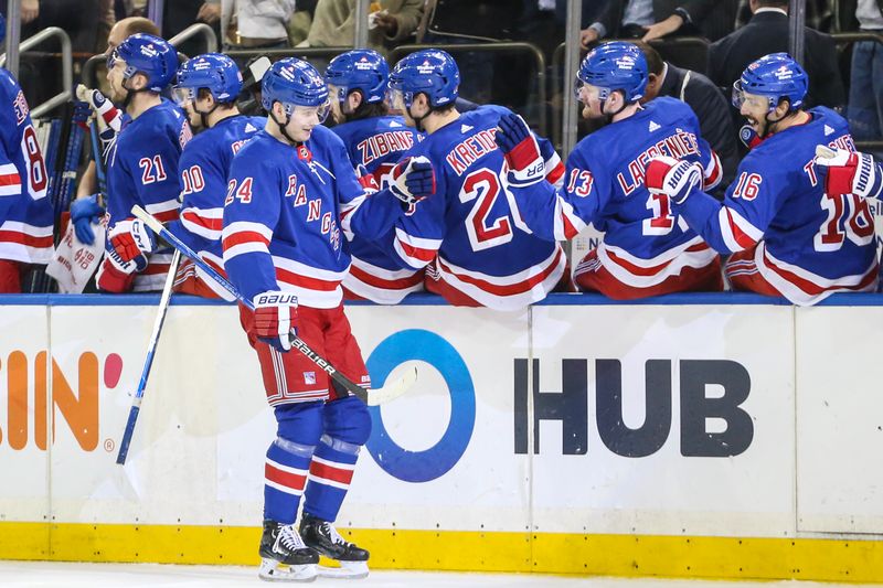 Feb 15, 2024; New York, New York, USA; New York Rangers right wing Kaapo Kakko (24) celebrates with his teammates after scoring a goal in the third period against the Montreal Canadiens at Madison Square Garden. Mandatory Credit: Wendell Cruz-USA TODAY Sports