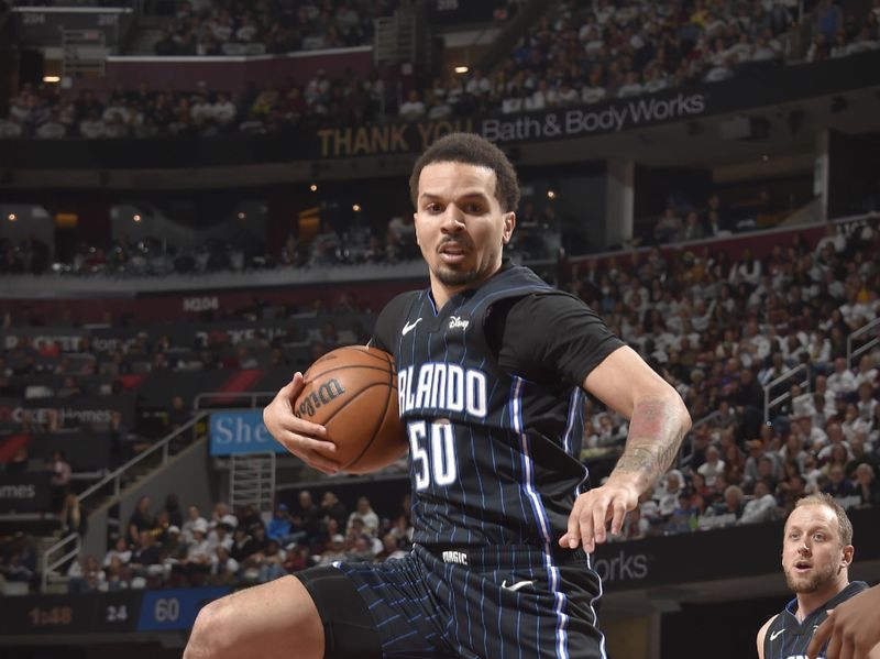 CLEVELAND, OH - APRIL 22: Cole Anthony #50 of the Orlando Magic grabs the rebound during the game against the Cleveland Cavaliers during Round 1 Game 2 of the 2024 NBA Playoffs on April 22, 2024 at Rocket Mortgage FieldHouse in Cleveland, Ohio. NOTE TO USER: User expressly acknowledges and agrees that, by downloading and/or using this Photograph, user is consenting to the terms and conditions of the Getty Images License Agreement. Mandatory Copyright Notice: Copyright 2024 NBAE (Photo by David Liam Kyle/NBAE via Getty Images)