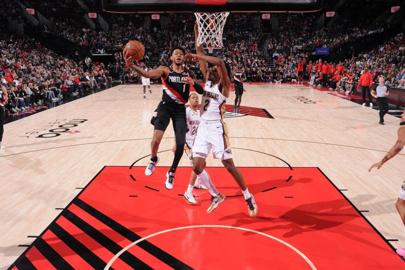 PORTLAND, OR - OCTOBER 25:  Anfernee Simons #1 of the Portland Trail Blazers drives to the basket during the game against the New Orleans Pelicans on October 25, 2024 at the Moda Center Arena in Portland, Oregon. NOTE TO USER: User expressly acknowledges and agrees that, by downloading and or using this photograph, user is consenting to the terms and conditions of the Getty Images License Agreement. Mandatory Copyright Notice: Copyright 2024 NBAE (Photo by Cameron Browne/NBAE via Getty Images)