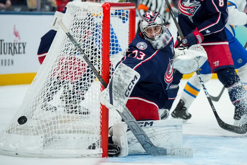 Nov 1, 2025; Columbus, Ohio, USA;  Columbus Blue Jackets goaltender Jet Greaves (73) makes a save in net against the St. Louis Blues in the third period at Nationwide Arena. Mandatory Credit: Aaron Doster-Imagn Images