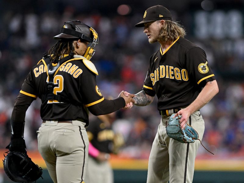 Jul 21, 2023; Detroit, Michigan, USA; San Diego Padres relief pitcher Josh Hader (71) is congratulated by catcher Luis Campusano (12) after closing out their win over the  Detroit Tigers in the ninth inning at Comerica Park. Mandatory Credit: Lon Horwedel-USA TODAY Sports