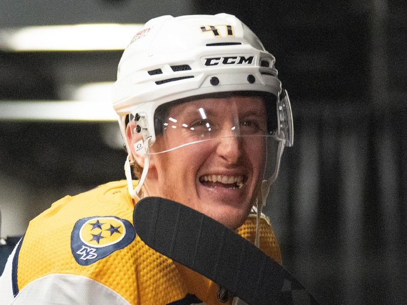 Feb 24, 2024; San Jose, California, USA; Nashville Predators right wing Michael McCarron (47) smiles before the start of the first period against the San Jose Sharks at SAP Center at San Jose. Mandatory Credit: Stan Szeto-USA TODAY Sports