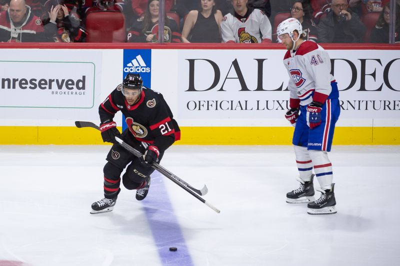 Apr 13, 2024; Ottawa, Ontario, CAN; Montreal Canadiens right wing Joel Armia (40) reacts to being called for a hooking penalty against Ottawa Senators right wing Mathieu Joseph (21) in the third period at the Canadian Tire Centre. Mandatory Credit: Marc DesRosiers-USA TODAY Sports