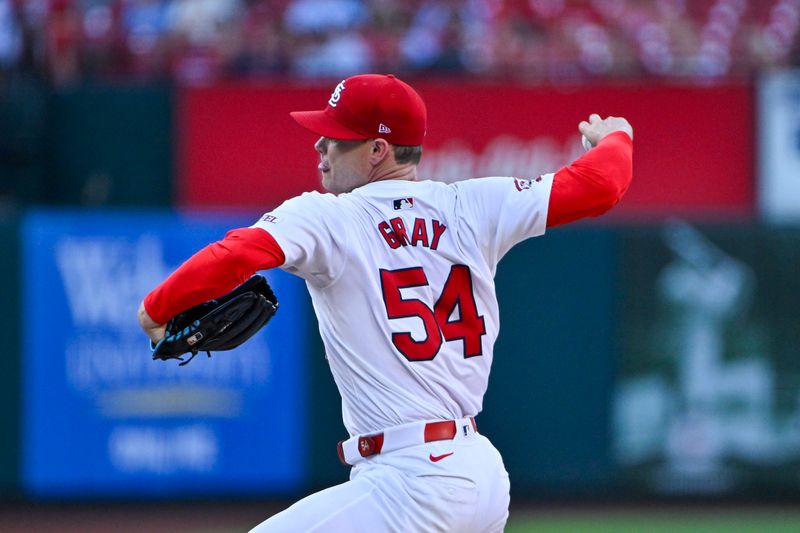 Jun 12, 2024; St. Louis, Missouri, USA;  St. Louis Cardinals starting pitcher Sonny Gray (54) pitches against the Pittsburgh Pirates during the first inning at Busch Stadium. Mandatory Credit: Jeff Curry-USA TODAY Sports