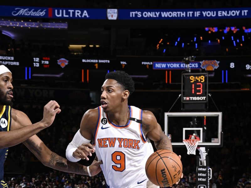 NEW YORK, NY - APRIL 9: RJ Barrett #9 of the New York Knicks dribbles the ball during the game against the Indiana Pacers on April 9, 2023 at Madison Square Garden in New York City, New York. NOTE TO USER: User expressly acknowledges and agrees that, by downloading and or using this photograph, User is consenting to the terms and conditions of the Getty Images License Agreement. Mandatory Copyright Notice: Copyright 2023 NBAE  (Photo by David Dow/NBAE via Getty Images)