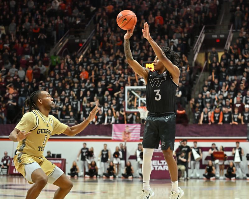 Jan 27, 2026; Blacksburg, Virginia, USA;  Virginia Tech Hokies guard Ben Hammond (3) shoots a shot as Georgia Tech Yellow Jackets guard Lamar Washington (1) defends during the second half  at Cassell Coliseum. Mandatory Credit: Brian Bishop-Imagn Images