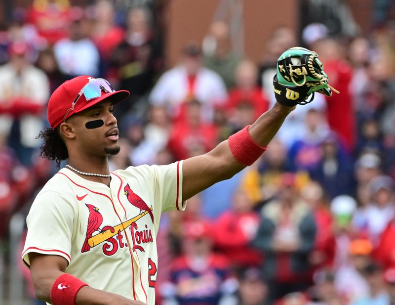 May 4, 2025; St. Louis, Missouri, USA; St. Louis Cardinals shortstop Jose Barrero (27) catches an infield popup by New York Mets second baseman Luisangel Acuna (2,not shown) to end the game at Busch Stadium. Mandatory Credit: Tim Vizer-Imagn Images