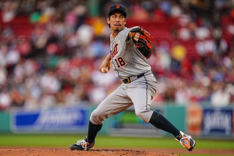 May 31, 2024; Boston, Massachusetts, USA;  Detroit Tigers starting pitcher Kenta Maeda (18) throws a pitch against the Boston Red Sox in the first inning at Fenway Park. Mandatory Credit: David Butler II-USA TODAY Sports