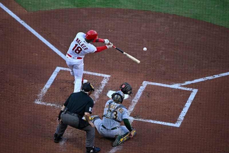 Aug 16, 2023; St. Louis, Missouri, USA;  St. Louis Cardinals right fielder Jordan Walker (18) hits a single against the Oakland Athletics during the second inning at Busch Stadium. Mandatory Credit: Jeff Curry-USA TODAY Sports