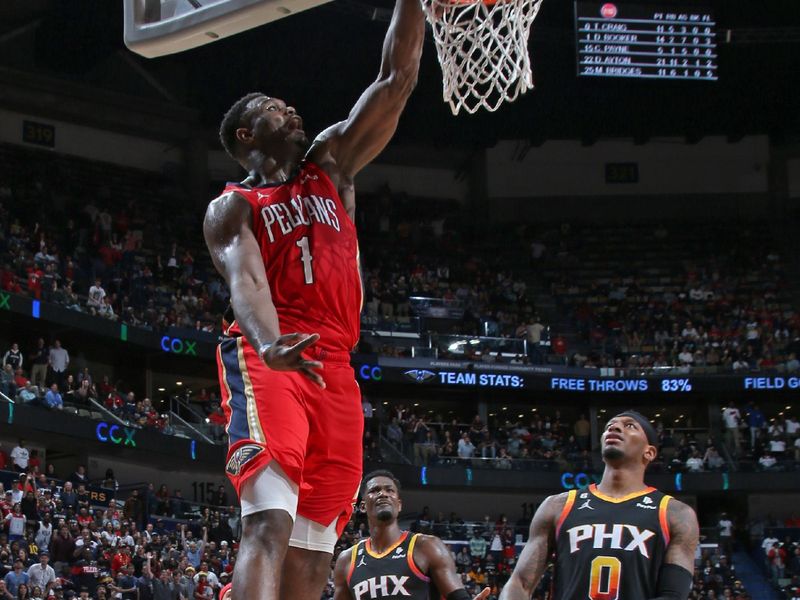 NEW ORLEANS, LA - DECEMBER 9: Zion Williamson #1 of the New Orleans Pelicans dunks the ball against the Phoenix Suns on December 9, 2022 at the Smoothie King Center in New Orleans, Louisiana. NOTE TO USER: User expressly acknowledges and agrees that, by downloading and or using this Photograph, user is consenting to the terms and conditions of the Getty Images License Agreement. Mandatory Copyright Notice: Copyright 2022 NBAE (Photo by Layne Murdoch Jr./NBAE via Getty Images)