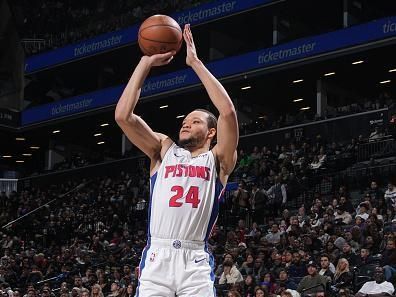 BROOKLYN, NY - DECEMBER 23: Kevin Knox II #24 of the Detroit Pistons shoots a three point basket against the Brooklyn Nets on December 23, 2023 at Barclays Center in Brooklyn, New York. NOTE TO USER: User expressly acknowledges and agrees that, by downloading and or using this Photograph, user is consenting to the terms and conditions of the Getty Images License Agreement. Mandatory Copyright Notice: Copyright 2023 NBAE (Photo by Jesse D. Garrabrant/NBAE via Getty Images)