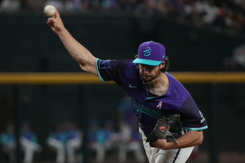 May 11, 2025; Phoenix, Arizona, USA; Arizona Diamondbacks pitcher Zac Gallen (23) throws against the Los Angeles Dodgers in the first inning at Chase Field. Mandatory Credit: Rick Scuteri-Imagn Images