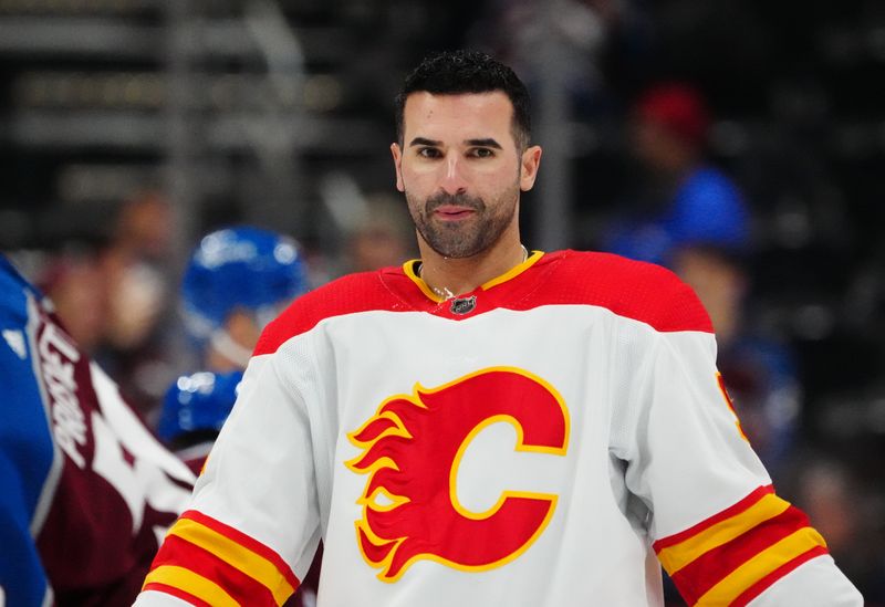 Dec 11, 2023; Denver, Colorado, USA; Calgary Flames center Nazem Kadri (91) before the game against the Colorado Avalanche at Ball Arena. Mandatory Credit: Ron Chenoy-USA TODAY Sports