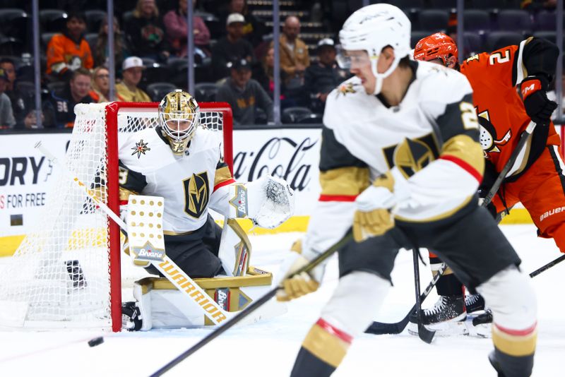 Nov 13, 2024; Anaheim, California, USA; Vegas Golden Knights goaltender Adin Hill (33) looks on during the second period of a hockey game against the Anaheim Ducks at Honda Center. Mandatory Credit: Jessica Alcheh-Imagn Images