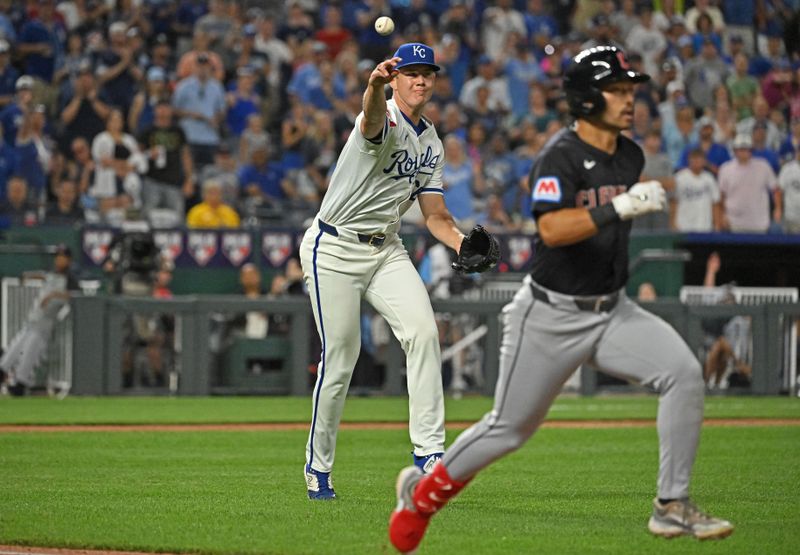 Jun 27, 2024; Kansas City, Missouri, USA;  Kansas City Royals relief pitcher James McArthur (66) throws the ball to first base to get Cleveland Guardians Steven Kwan (38) for the final out of the game at Kauffman Stadium. Mandatory Credit: Peter Aiken-USA TODAY Sports