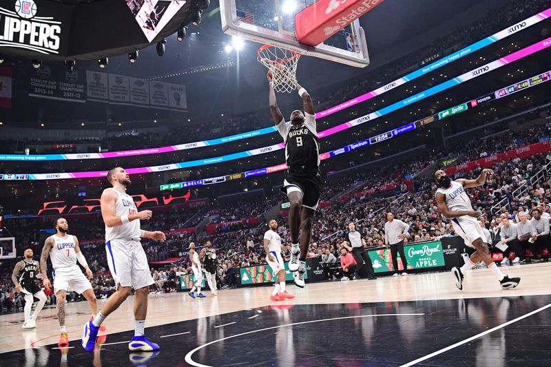 LOS ANGELES, CA - MARCH 10:  Bobby Portis #9 of the Milwaukee Bucks dunks the ball during the game against the LA Clippers on March 10, 2024 at Crypto.Com Arena in Los Angeles, California. NOTE TO USER: User expressly acknowledges and agrees that, by downloading and/or using this Photograph, user is consenting to the terms and conditions of the Getty Images License Agreement. Mandatory Copyright Notice: Copyright 2024 NBAE (Photo by Adam Pantozzi/NBAE via Getty Images)