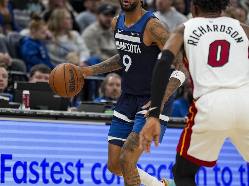 MINNEAPOLIS, MN -  NOVEMBER 10:  Nickeil Alexander-Walker #9 of the Minnesota Timberwolves handles the ball during the game against the Miami Heat on November 10, 2024 at Target Center in Minneapolis, Minnesota. NOTE TO USER: User expressly acknowledges and agrees that, by downloading and or using this Photograph, user is consenting to the terms and conditions of the Getty Images License Agreement. Mandatory Copyright Notice: Copyright 2024 NBAE (Photo by Jordan Johnson/NBAE via Getty Images)