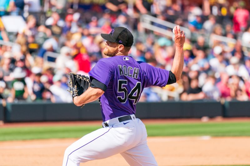 Mar 16, 2023; Salt River Pima-Maricopa, Arizona, USA;  Colorado Rockies pitcher Matt Koch (54) on the mound in the sixth inning during a spring training game against the San Diego Padres at Salt River Fields at Talking Stick. Mandatory Credit: Allan Henry-USA TODAY Sports 