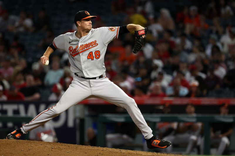 Sep 6, 2023; Anaheim, California, USA;  Baltimore Orioles starting pitcher Kyle Gibson (48) pitches during the third inning against the Los Angeles Angels at Angel Stadium. Mandatory Credit: Kiyoshi Mio-USA TODAY Sports