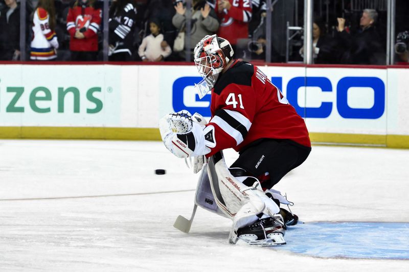 Nov 10, 2023; Newark, New Jersey, USA; New Jersey Devils goaltender Vitek Vanecek (41) warms up before a game against the Washington Capitals at Prudential Center. Mandatory Credit: John Jones-USA TODAY Sports