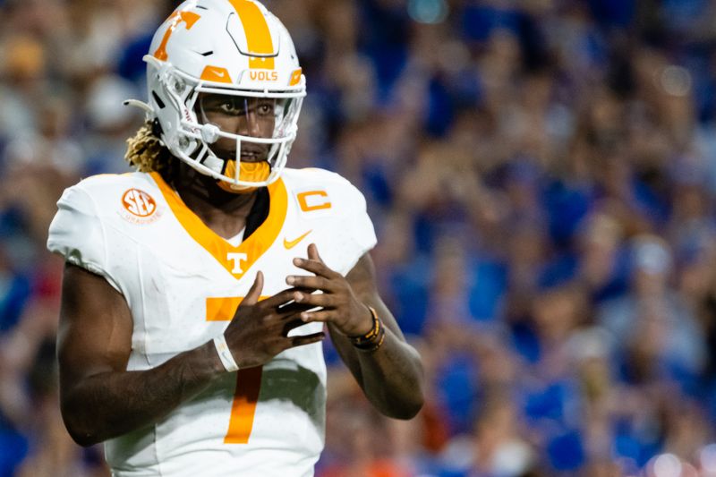 Sep 16, 2023; Gainesville, Florida, USA; Tennessee Volunteers quarterback Joe Milton III (7) call a time out during the first half between the Florida Gators and Tennessee Volunteers at Ben Hill Griffin Stadium. Mandatory Credit: Chris Watkins-USA TODAY Sports