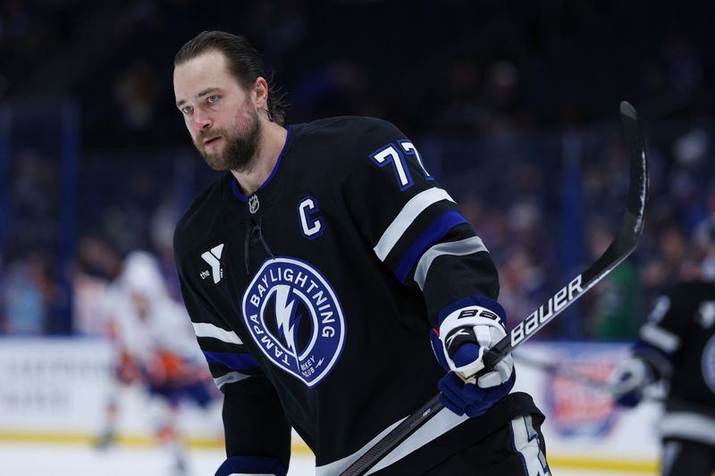 Feb 1, 2025; Tampa, Florida, USA; Tampa Bay Lightning defenseman Victor Hedman (77) warms up before a game against the New York Islanders at Amalie Arena. Mandatory Credit: Nathan Ray Seebeck-Imagn Images