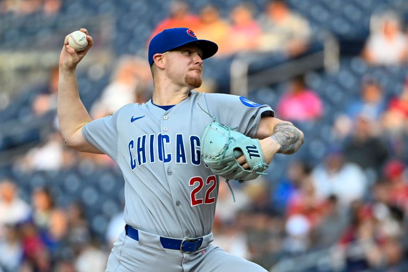 Jun 3, 2025; Washington, District of Columbia, USA; Chicago Cubs starting pitcher Cade Horton (22) throws to the Washington Nationals during the first inning at Nationals Park. Mandatory Credit: Brad Mills-Imagn Images