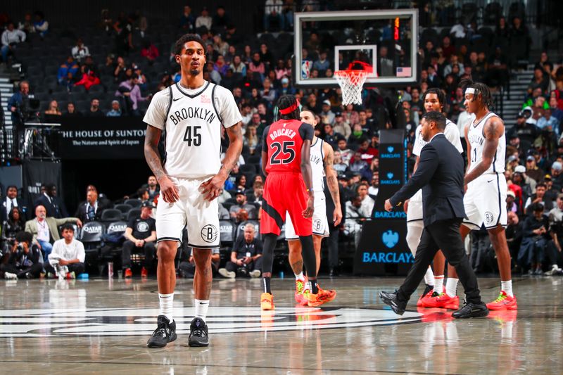 BROOKLYN, NY - OCTOBER 18: Keon Johnson #45 of the Brooklyn Nets looks on during the game on October 18, 2024 at Barclays Center in Brooklyn, New York. NOTE TO USER: User expressly acknowledges and agrees that, by downloading and or using this Photograph, user is consenting to the terms and conditions of the Getty Images License Agreement. Mandatory Copyright Notice: Copyright 2024 NBAE (Photo by David L. Nemec/NBAE via Getty Images)