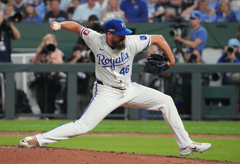 Oct 10, 2024; Kansas City, Missouri, USA; Kansas City Royals pitcher John Schreiber (46) throws during the eighth inning against the New York Yankees during game four of the ALDS for the 2024 MLB Playoffs at Kauffman Stadium. Mandatory Credit: Denny Medley-Imagn Images