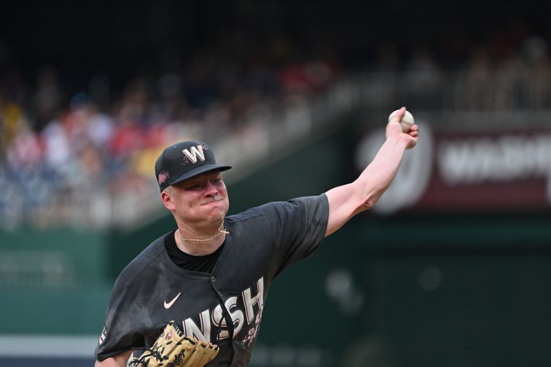 Aug 3, 2024; Washington, District of Columbia, USA; Washington Nationals starting pitcher DJ Herz (74) throws a pitch against the Milwaukee Brewers during the first inning at Nationals Park. Mandatory Credit: Rafael Suanes-USA TODAY Sports