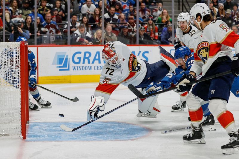 Jan 6, 2024; Denver, Colorado, USA; Florida Panthers goaltender Sergei Bobrovsky (72) reaches back for the puck on a shot from defenseman Josh Manson (not pictured) against right wing Logan O'Connor (25) as defenseman Brandon Montour (62) defends in the second period at Ball Arena. Mandatory Credit: Isaiah J. Downing-USA TODAY Sports