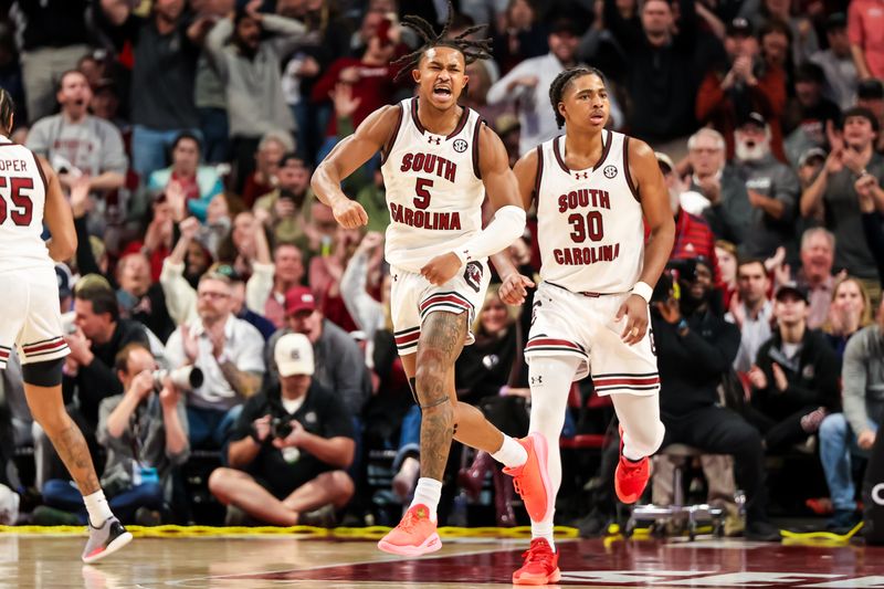 Jan 6, 2024; Columbia, South Carolina, USA; South Carolina Gamecocks guard Meechie Johnson (5) celebrates a basket against the Mississippi State Bulldogs in the second half at Colonial Life Arena. Mandatory Credit: Jeff Blake-USA TODAY Sports