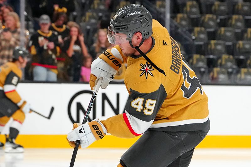 Oct 26, 2024; Las Vegas, Nevada, USA; Vegas Golden Knights center Ivan Barbashev (49) warms up before a game against the San Jose Sharks at T-Mobile Arena. Mandatory Credit: Stephen R. Sylvanie-Imagn Images