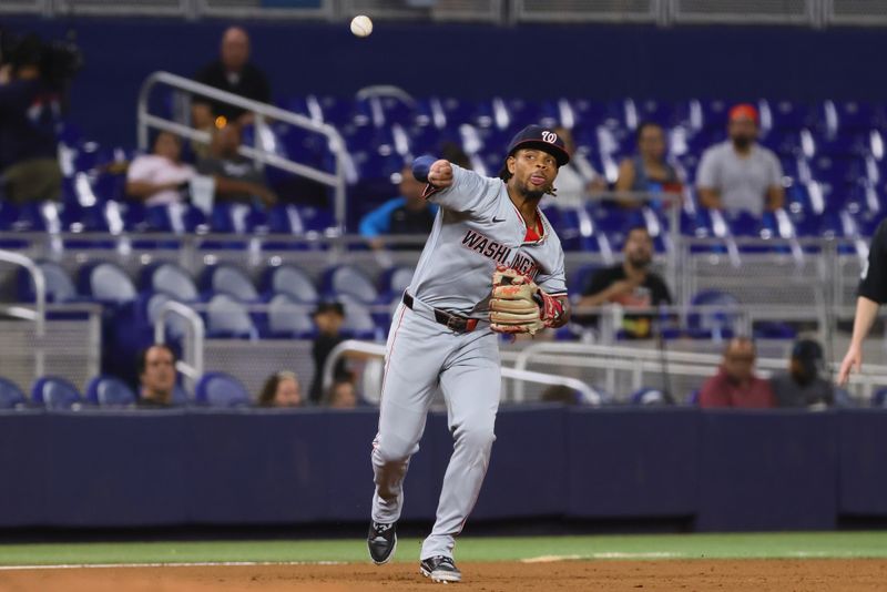 Sep 4, 2024; Miami, Florida, USA; Washington Nationals third baseman Jose Tena (8) throws to first base to retire Miami Marlins catcher Nick Fortes (not pictured) during the third inning at loanDepot Park. Mandatory Credit: Sam Navarro-Imagn Images