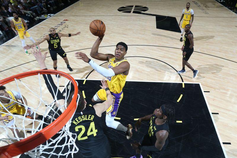 SALT LAKE CITY, UT - FEBRUARY 14: Rui Hachimura #28 of the Los Angeles Lakers shoots the ball during the game against the Utah Jazz on February 14, 2024 at Delta Center in Salt Lake City, Utah. NOTE TO USER: User expressly acknowledges and agrees that, by downloading and or using this Photograph, User is consenting to the terms and conditions of the Getty Images License Agreement. Mandatory Copyright Notice: Copyright 2024 NBAE (Photo by Melissa Majchrzak/NBAE via Getty Images)