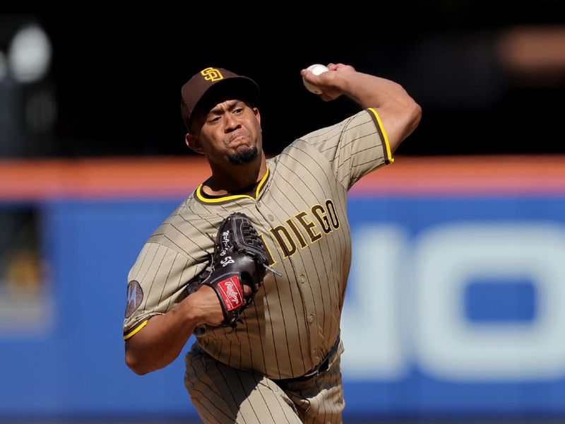 Sep 18, 2025; New York City, New York, USA; San Diego Padres relief pitcher Wandy Peralta (58) pitches against the New York Mets during the third inning at Citi Field. Mandatory Credit: Brad Penner-Imagn Images