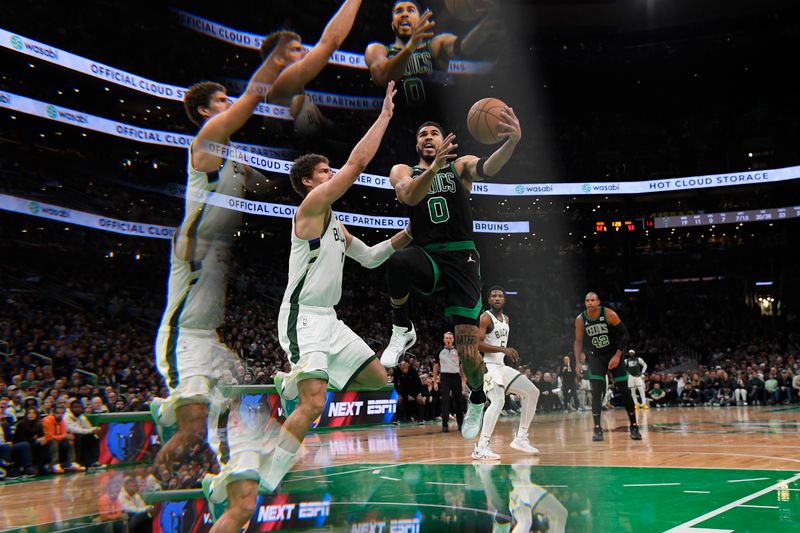 BOSTON, MA - MARCH 20 (EDITORS NOTE: This image was captured using a kaleidoscope filter): Jayson Tatum #0 of the Boston Celtics handles the ball during the game against the Milwaukee Bucks on March 20, 2024 at the TD Garden in Boston, Massachusetts. NOTE TO USER: User expressly acknowledges and agrees that, by downloading and or using this photograph, User is consenting to the terms and conditions of the Getty Images License Agreement. Mandatory Copyright Notice: Copyright 2024 NBAE  (Photo by Brian Babineau/NBAE via Getty Images)