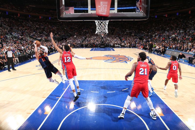 NEW YORK, NY - APRIL 22:  Jalen Brunson #11 of the New York Knicks goes to the basket during the game against the Philadelphia 76ers during Round 1 Game 2 of the 2024 NBA Playoffs on April 22, 2024 at Madison Square Garden in New York City, New York.  NOTE TO USER: User expressly acknowledges and agrees that, by downloading and or using this photograph, User is consenting to the terms and conditions of the Getty Images License Agreement. Mandatory Copyright Notice: Copyright 2024 NBAE  (Photo by Nathaniel S. Butler/NBAE via Getty Images)